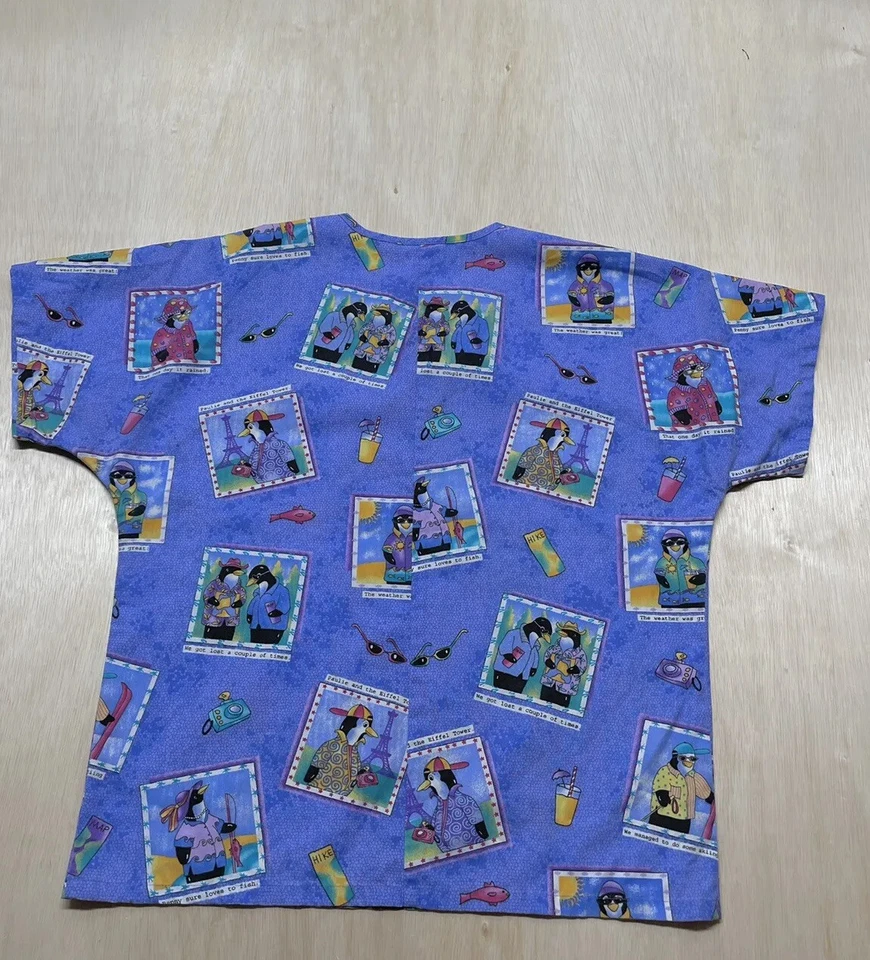 Simply Basic Blue Penguins Leaves Small Scrub Top - Image 3 of 4