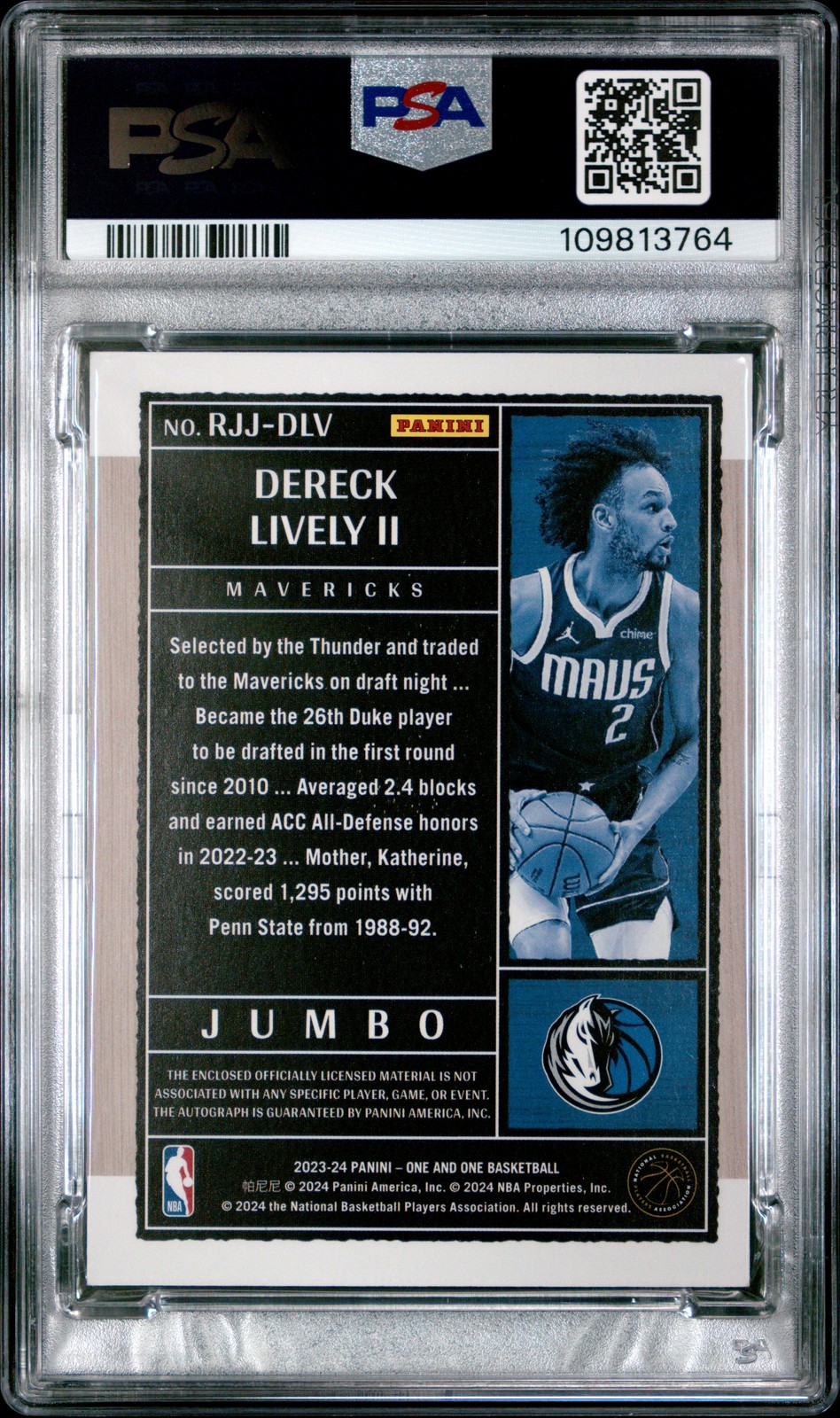 2023 PANINI ONE & ONE ROOKIE JUMBO JERSEY AUTO DERECK LIVELY II RC 31/49 PSA 7 view 2
