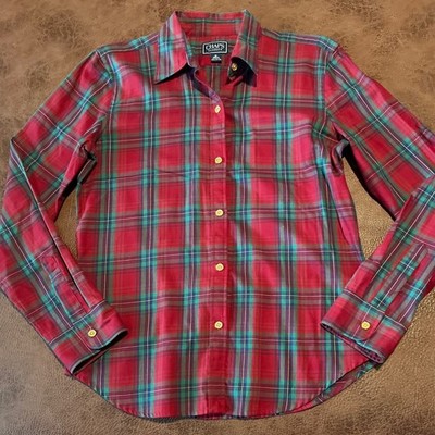 Chaps Classics Womens Red Green Plaid Cotton Button Down Shirt Gold Buttons M