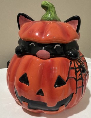 Figi s Black Cat Halloween Jack-o-lantern Pumpkin Hollow Cookie Jar