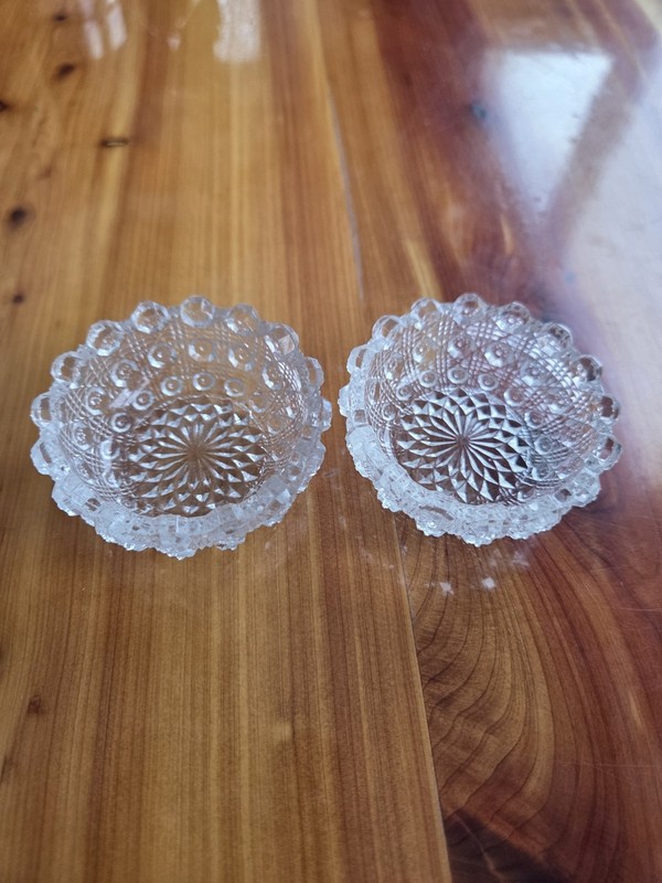 Pair Vintage Clear Daisy and Button Glass Salt Cellars EAPG Starburst Base Dips