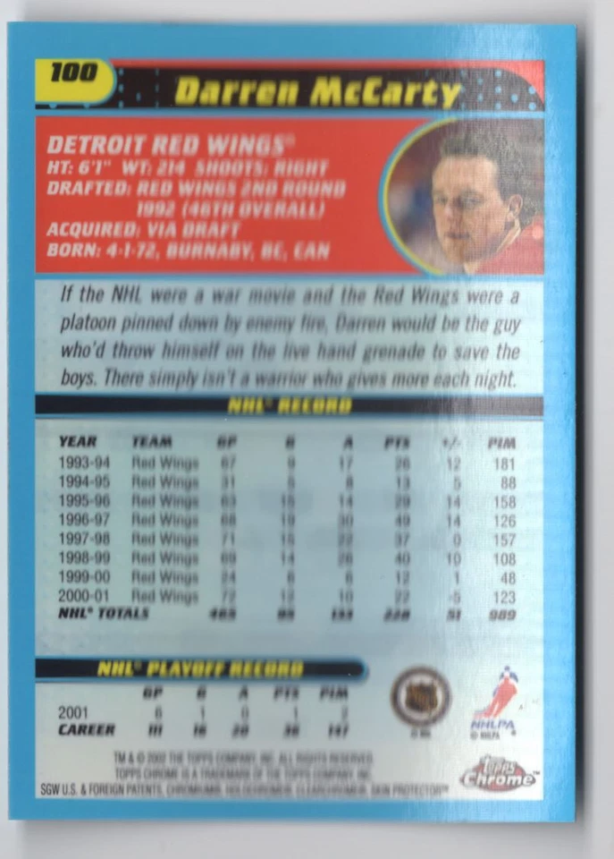 2001-02 Topps Chrome Darren McCarty Detroit Red Wings #100 - Image 2 of 2