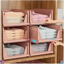 SNSLXH 5-Pack Pink Stackable Closet Organizer Bins - Foldable Storage Baskets