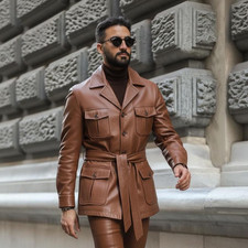 Men’s Brown Military Style Leather Coat & Pants Set | Classic Belted LeatherSuit