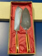 1960's Vintage Cake Pie Serving Set Germany Etched, 2 Tone Handles, Original Box
