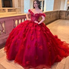 Red Shiny Ball Gown Quinceanera Dresses Flower Beads Corset Vestido De Sweet 16
