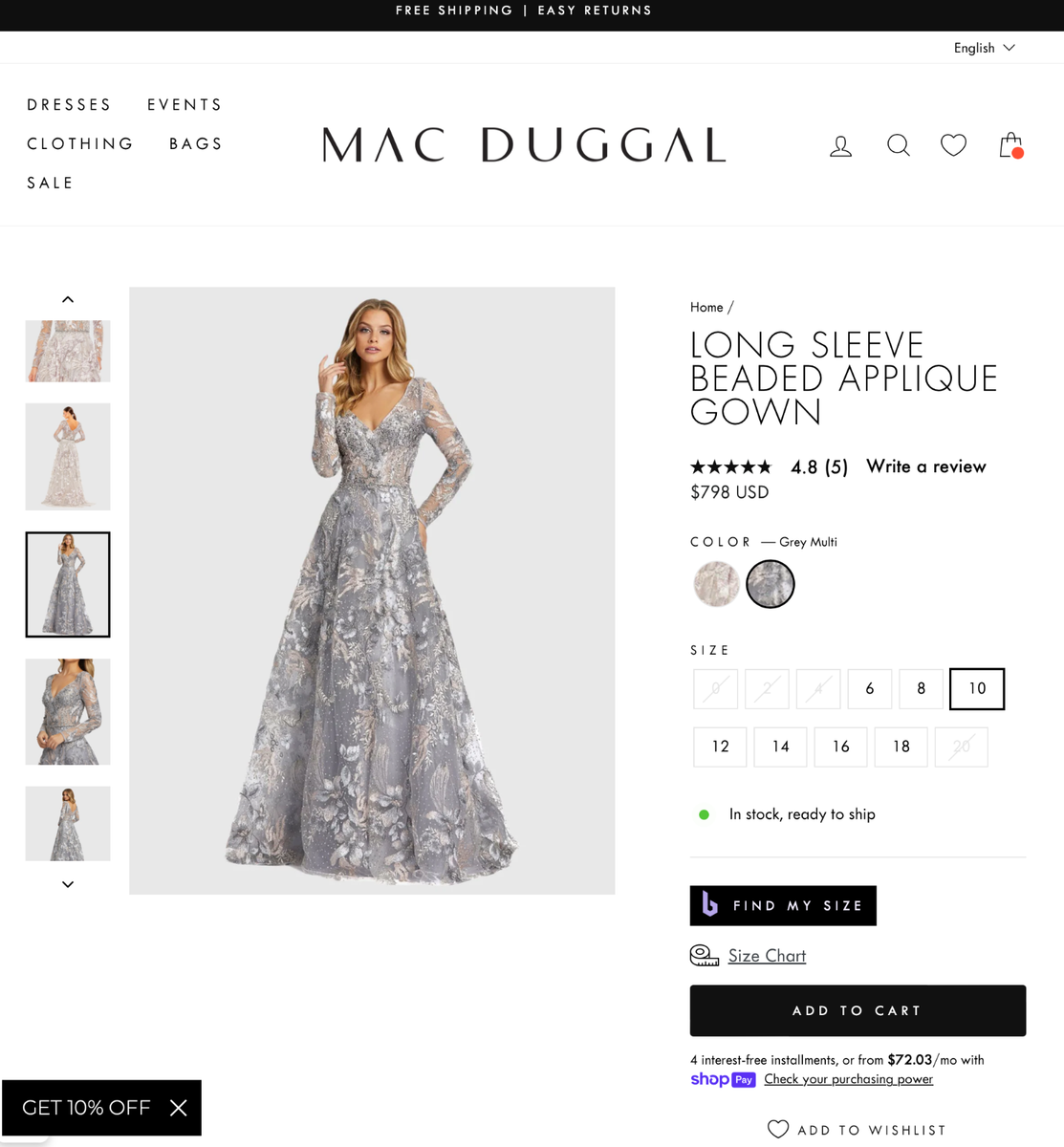 NWT $798 Mac Duggal [ 10 ] 20214 Long Sleeve Beaded Appliqué