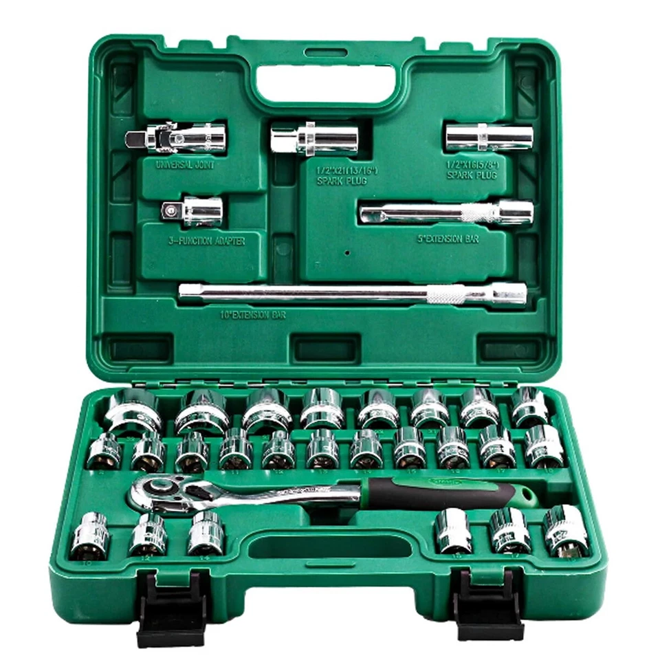 32 Pcs 1/2" Drive Socket Set Metric 8-32mm Sockets 6/12 Point Ratchet Wrench Kit - Image 2 of 4