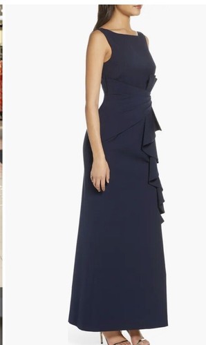 Eliza J Ruffle Bow Trumpet Gown Navy Blue Sleeveless Maxi Slit Stretch Sz 4 - Picture 4 of 7