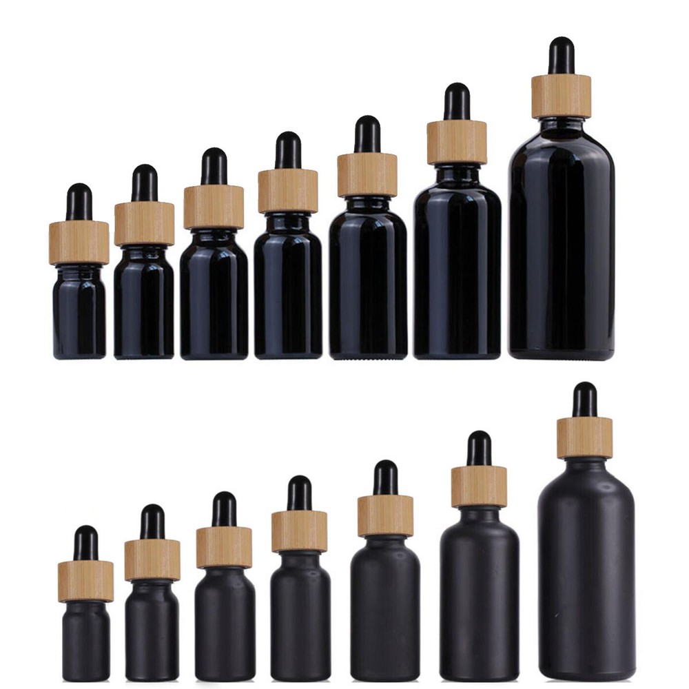 5/15/30/50/100ml Black Glass Bottles Eye Dropper Wood BamBoo lid Essential Oils