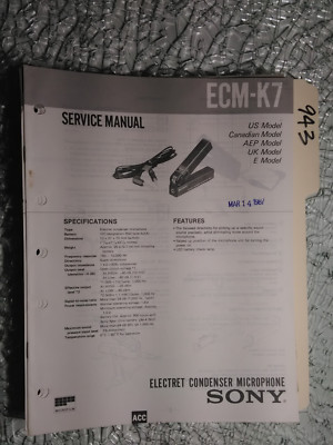 Sony ecm-k7 service manual original repair book condensor microphone ...