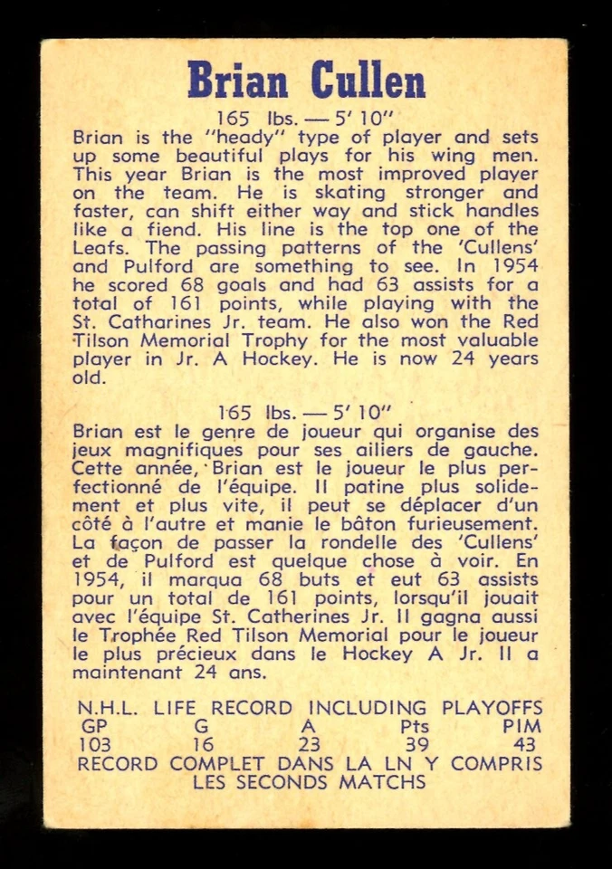 1957-58 PARKHURST NHL HOCKEY #9 Brian Cullen EX Toronto Maple Leafs Card - Image 2 of 2