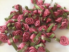 SMALL MINI SATIN RIBBON ROSE BUDS FLOWERS WITH SATIN GREEN LEAVES APPLIQUE CRAFT