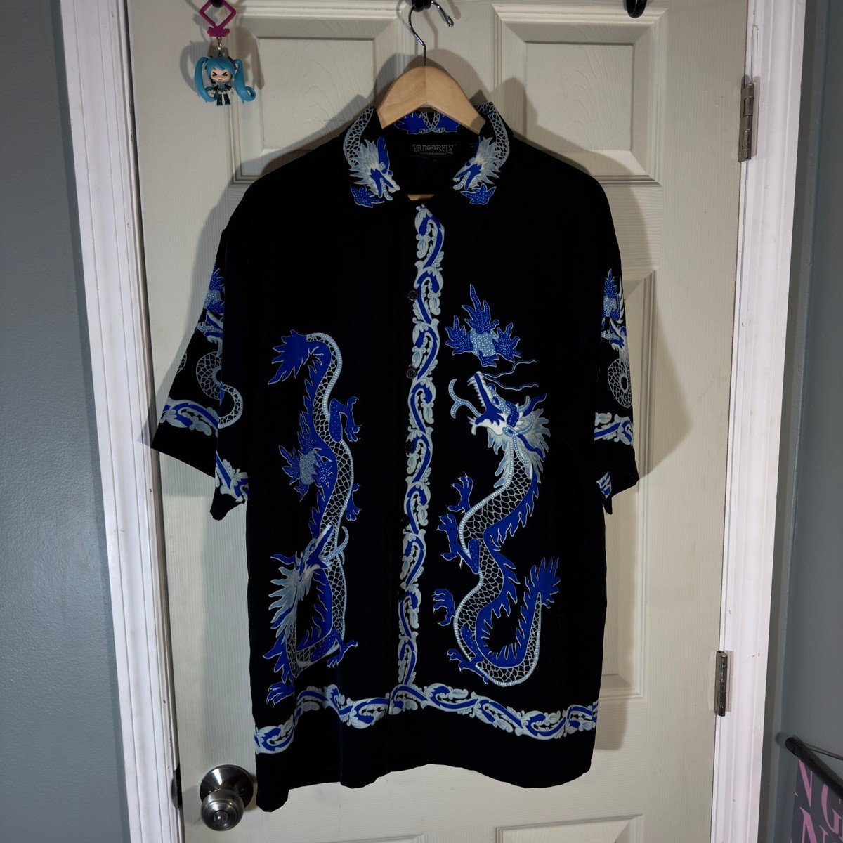 Dragonfly Black Blue Shirt sz XL Dragon Fire All Over Y2K Flames 
