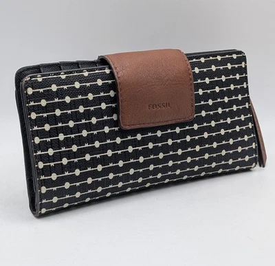 FOSSIL Logan Tab Clutch Geldbörse Schwarz Weiß Polka Dots Leder Y2K Vintage - Bild 1 von 4