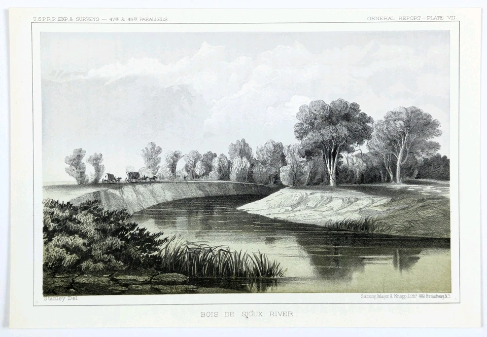 1855 BOIS DE SIOUX RIVER - МИННЕСОТА - ЛИТОГРАФИЯ ВИД Оригинальная Тихоокеанская железная дорога - Изображение 2 из 2