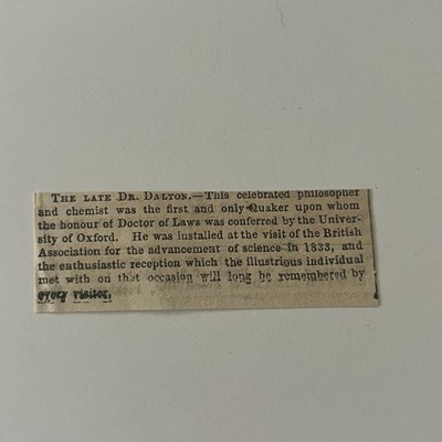 Late Dr Dalton First and Only Quaker Doctor of Laws 1844 London Clipping SAI5-S4