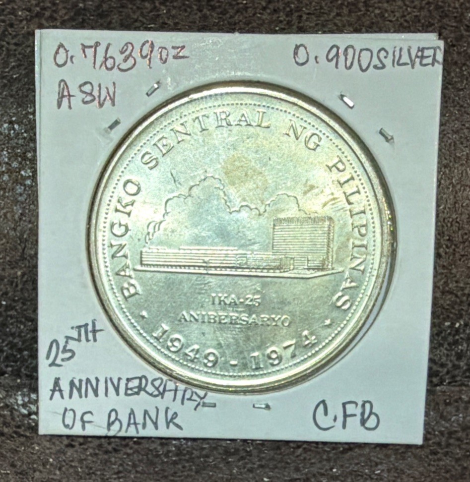 1974 PHILIPPINES 25 PISO UNCIRCULATED SILVER COIN 25Th BANK ANNIV