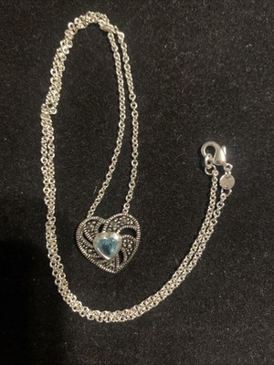 Vintage Marcasite Blue Topaz Type Stone Marked CW Silver Tone Necklace 17 Inch