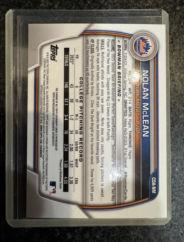 2023 Bowman Draft Chrome Prospect Auto Nolan McLean #CDA-NM Auto STUD ACE - Image 2 of 2