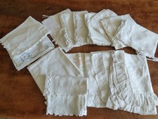 Vintage pillow cases x 14 white, frilled, crochet embroidered buttons ties used