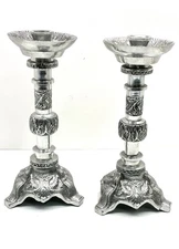 Vtg Pair Baroque Styled Silver Metal Candlestick 11” Heavy Taper Candle Holders