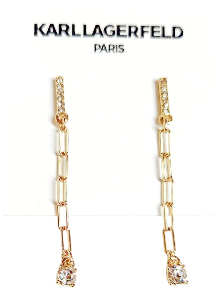 Pendientes Karl Lagerfeld Eslabones de Cadena Cristal Lineal Chapado en Oro Latón Nuevos con Etiquetas Foto 2 de 4