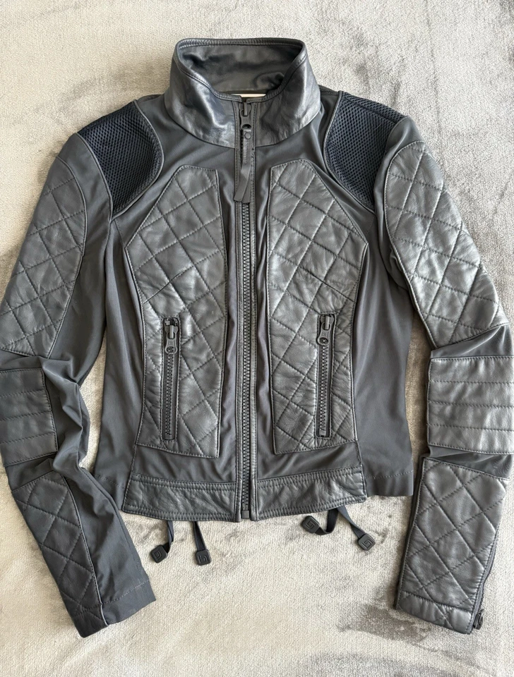 Blanc Noir Mesh Moto Leather Jacket Sz S Blue Diamond Quilted Lace-Up Back Chic - Image 4 of 4