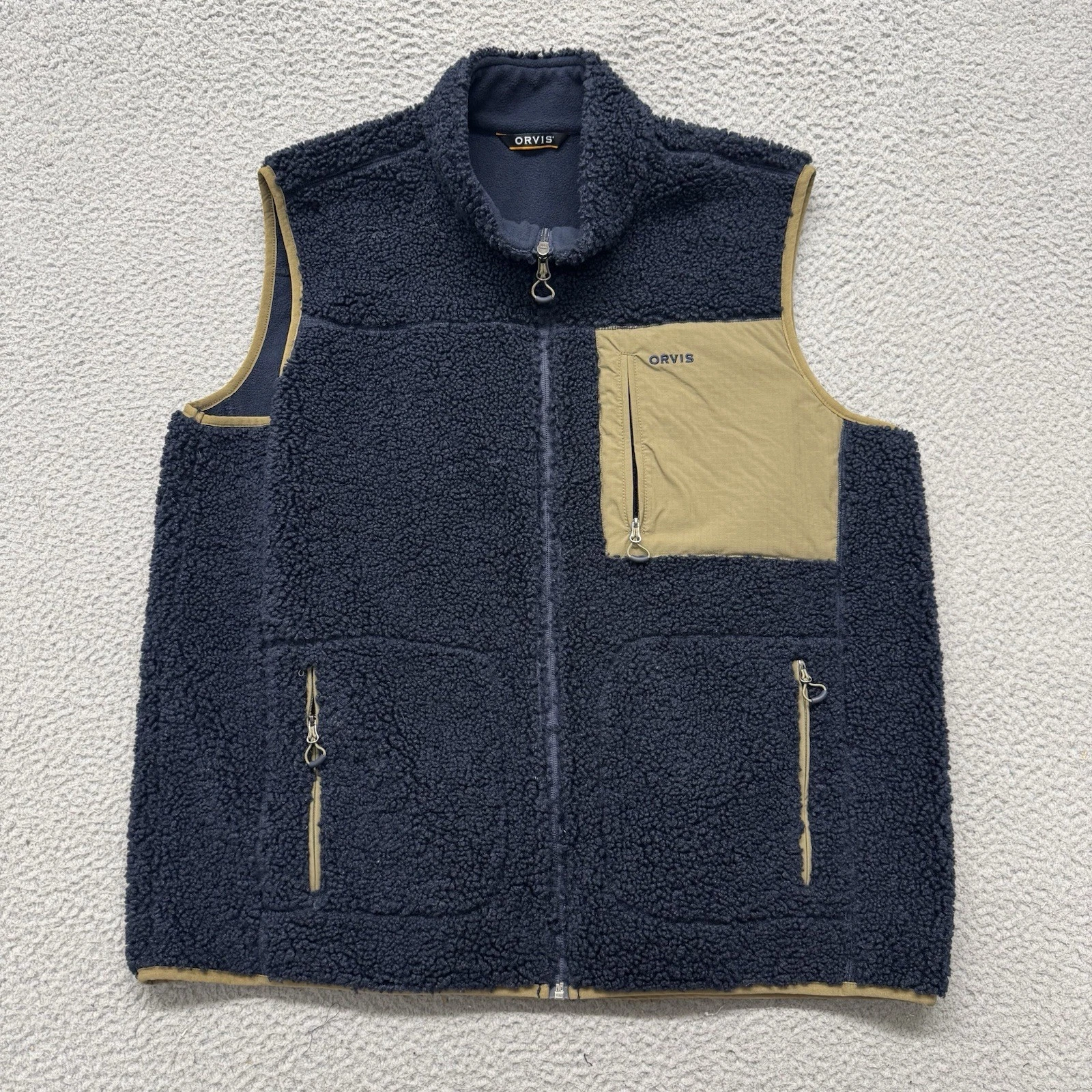 Orvis Vest Mens XL Blue Pile Fleece Full Zip Hiking Outdoors Gorpcore Pocket