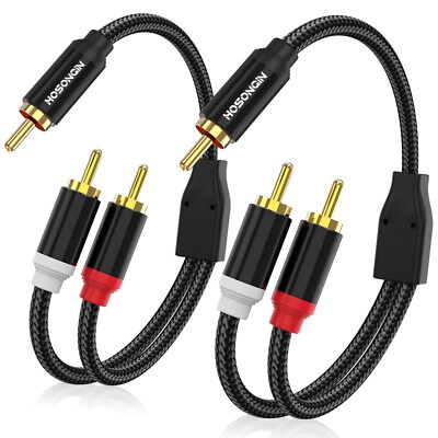 RCA Y Splitter 1 Male to 2 Male Audio Cable 2 Pack, Black Cotton Braided Jack...