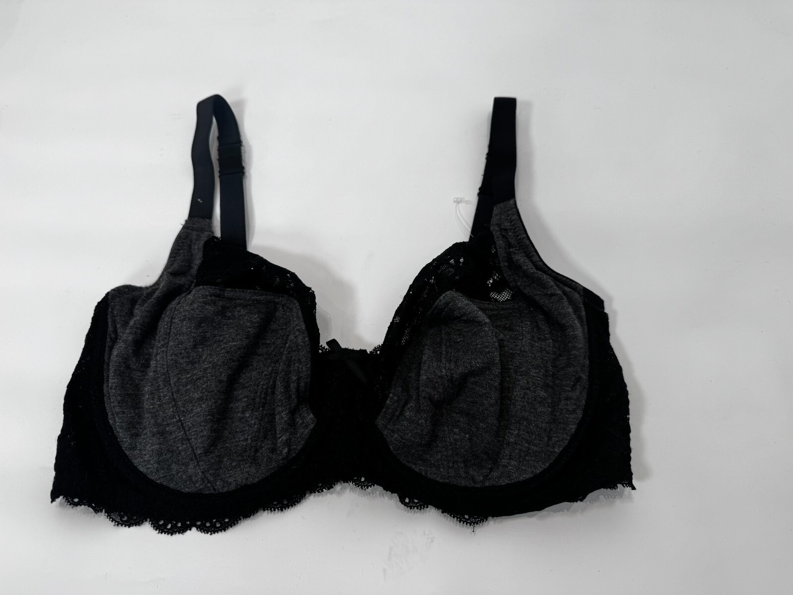 F&F Bra Underwired Nonpadded Cotton Lace Detail Bra Size 34DD Black Grey