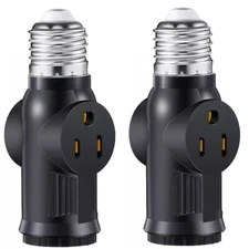2× E26 Light Socket to Plug Adapter with Pull Chain 2/3 Prong Light Bulb Socket