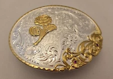 Montana Silversmiths Silver & Gold Plated Belt Buckle - Rose, Flowers w/2 stones