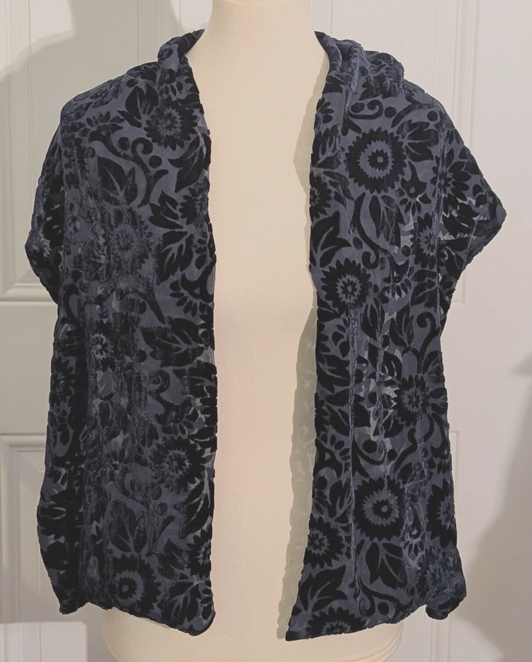 Bufanda rectangular vintage de terciopelo azul zafiro Burnout floral base transparente Foto 2 de 4