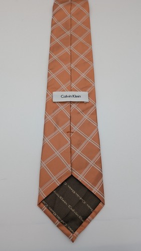 Calvin Klein 100% Silk Peach White Checkered Neck Tie - Picture 5 of 9