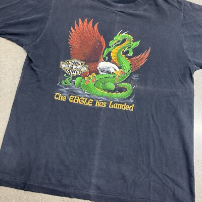 Vintage 80s Harley Davidson Eagle Has Landed Rare Back Print Faded