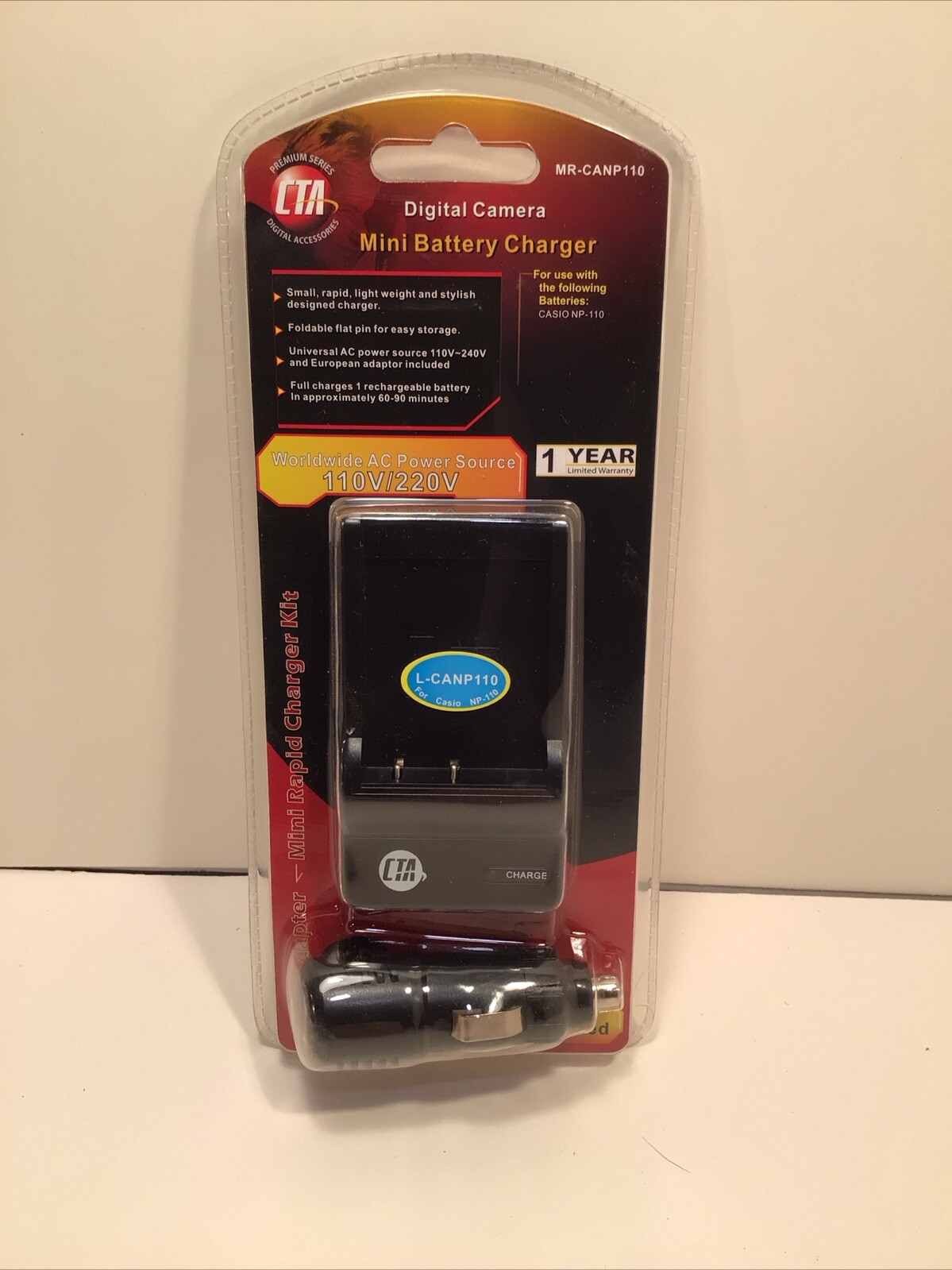 Cargador de batería CTA para Casio NP-110 con adaptador de toma europea MR-CANP110