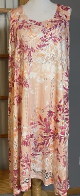 One World Floral Midi Dress Women s XL Lace Trim Peach Cottagecore Boho Casual