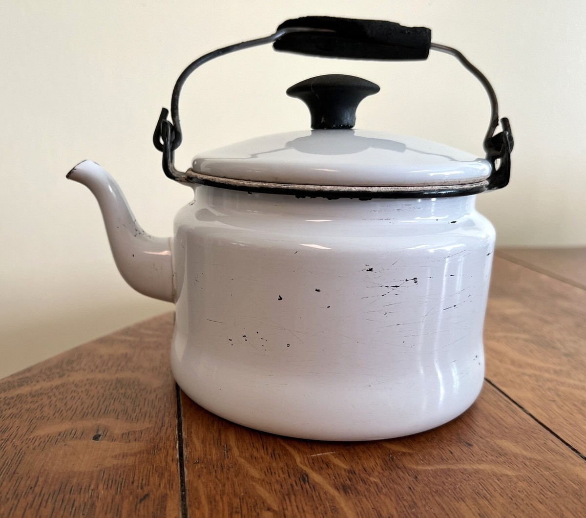 Antique White Black Enamelware Tea Kettle with Black Wooden Handle