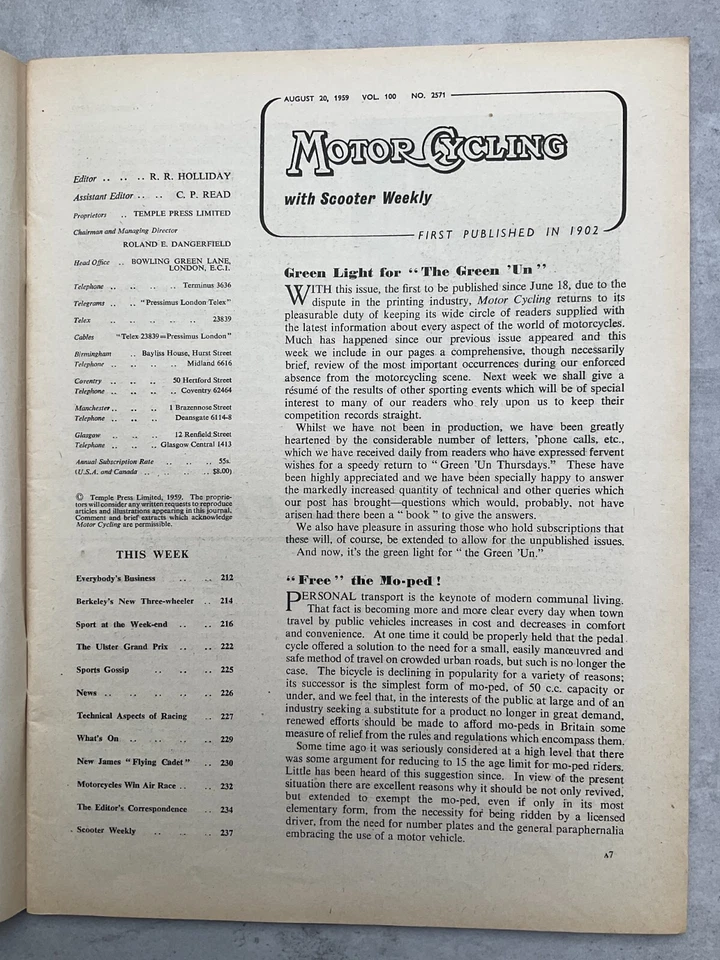 Motorcycling Magazine - 20 August 1959 - Ulster GP, Berkeley 3 Wheeler, Flying C - Image 2 of 4