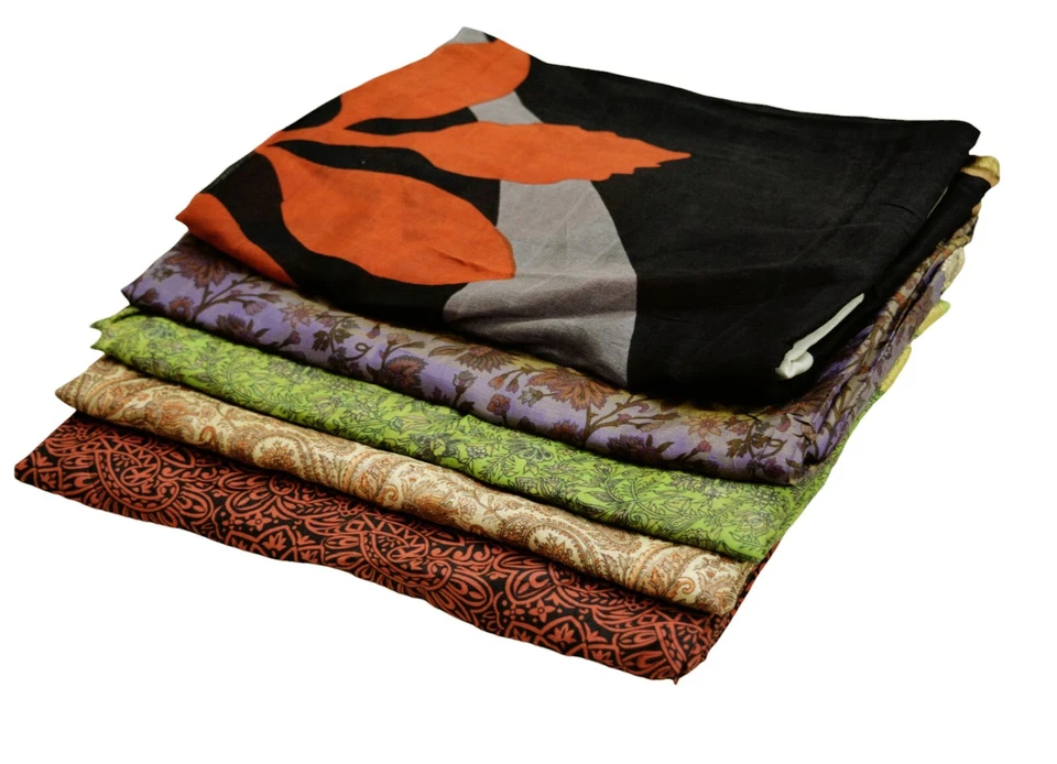 Vintage Lot Of 5 Sarees Recycled Used Felting Quilting Pure Silk Sari defects - Image 3 of 4