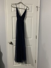 Woman’s Dress Navy Blue Long Prom Spaghetti Strap Scroll V Neck! Size Small READ