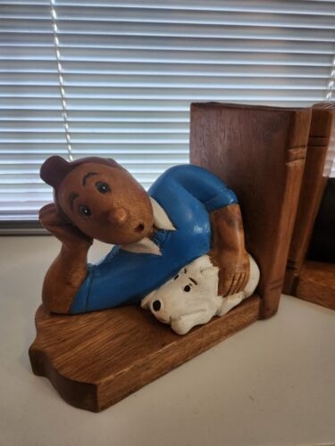 Extremely Rare! Tintin with Snowy Old Vintage Wooden Bookends Figurine Statue - Picture 1 of 6