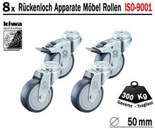 Rückenloch Möbelrollen Apparate Lenk Rollen 8 x Ø 50 mm Br-Le BS-Rollen Germany
