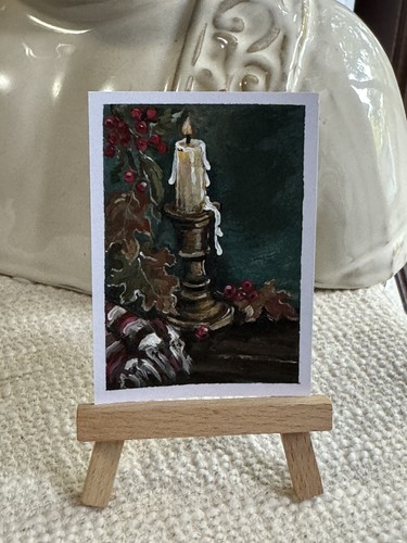 ⁠ACEO Original "The Vigil Light" Candle Still Life Moody Fall Fine Art COA⁠
