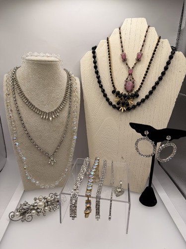 Vintage Rhinestone Costume Jewelry Lot Necklaces Bracelets Earrings Barrette