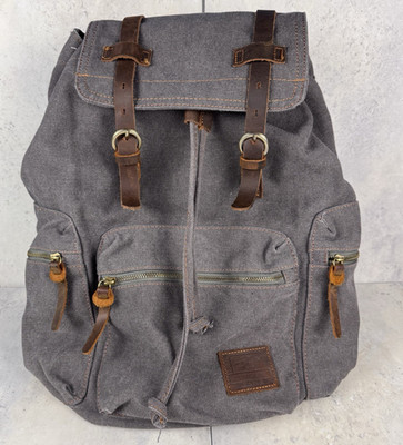 Augur Jans Canvas Backpack Gray Brown Drawstring Straps Hiking Boho READ