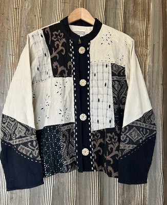 Coldwater Creek Black Beige Patchwork Cardigan Blazer Sz S Art to Wear Lagenlook