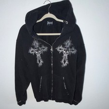 Men  s Gothic Skull Cross Studded Full Zip Hoodie Black Fleece