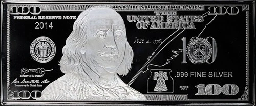 2014 Washington Mint $100 Ben Franklin FRN 4 oz .999 Fine Silver Note Art Bar